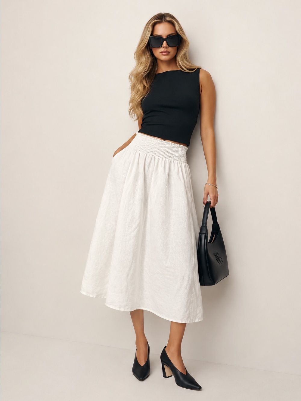 Reformation White 100% Linen Smocked Midi Skirt Size 4